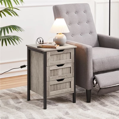 Yaheetech Rustic Side Table With 3 Drawers And Charging Station, Gray 3 Yaheetech Rustic Side Table With 3 Drawers And Charging Station, Gray