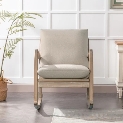 Solid Wood Rocking Chair Upholstered In Linen Fabric, Beige - ModernLuxe 3 Solid Wood Rocking Chair Upholstered In Linen Fabric, Beige - ModernLuxe